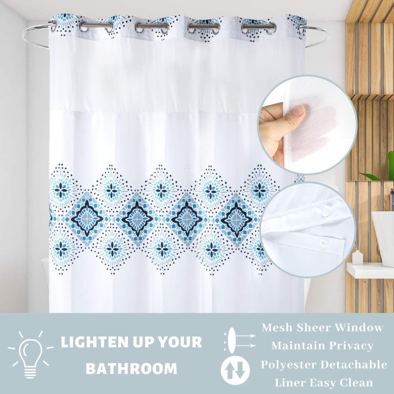 Ecoehoe Long 71x79 Hotel Grade Fabric Hook Free Shower Curtain with Polyester Replacement Liner White&Blue Boho Style â€“ Machine Washable Top See Through Mesh Window - Image 4